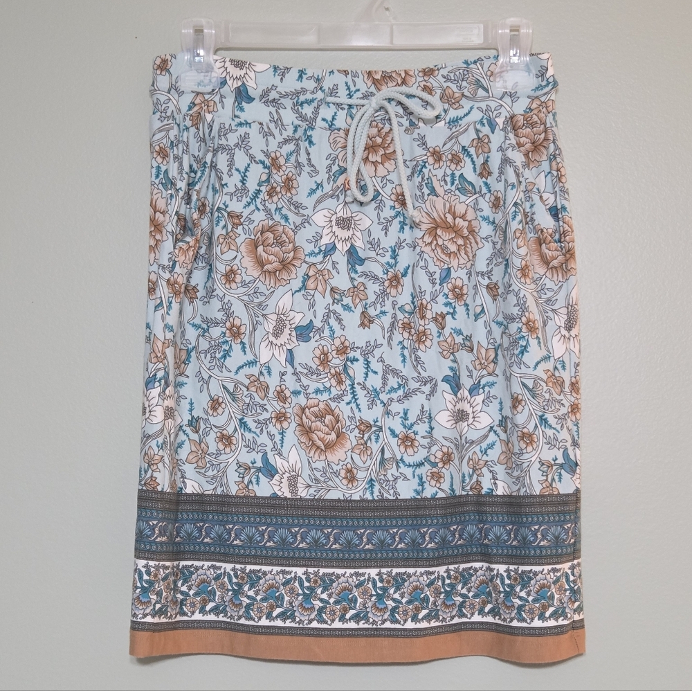 Esqualo Blue +Brown Floral Western Boho Coastal Knee High Adjustable Skirt Sz M